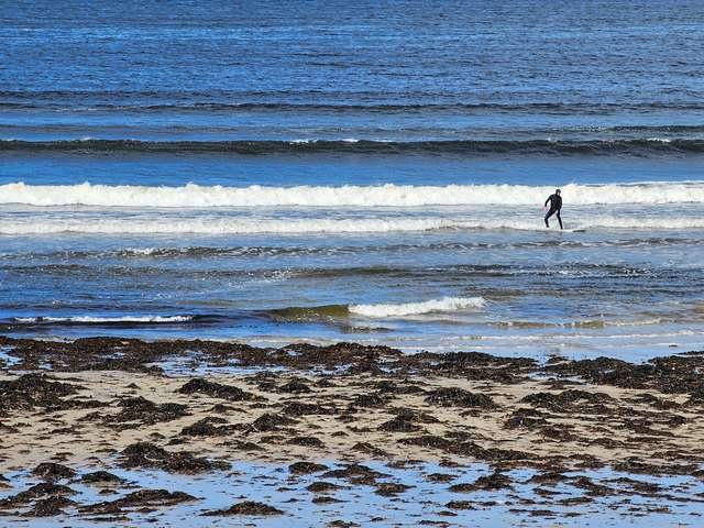 Surfer finishing a wave in front of the shop